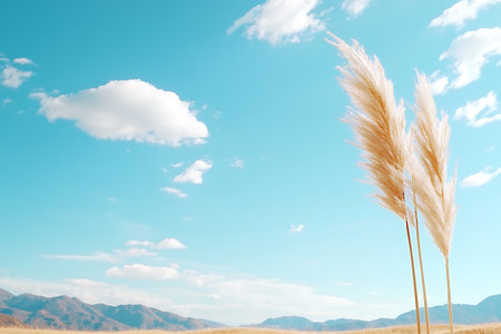 A beautiful scene featuring pampas grass swaying gently against a blue sky filled with fluffy clouds and majestic mountains.の写真素材