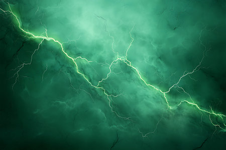 This mesmerizing image captures a stunning display of green lightning against a backdrop of dark, turbulent clouds. The electrifying energy creates a dramatic atmosphere, perfect for illustrating stormy weather or natural phenomena.の写真素材