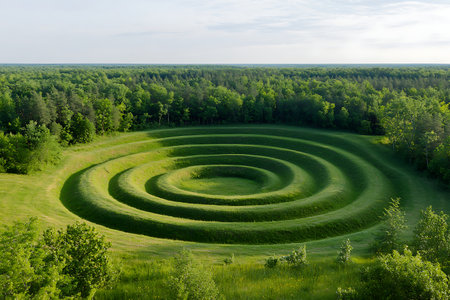 A captivating aerial view of a spiral pattern formed in a lush green field surrounded by dense forest and a clear blue sky. Perfect for nature enthusiasts.の写真素材