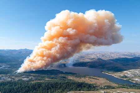 A dramatic smoke plume rises above a forest surrounding a serene lake, framed by majestic mountains under a clear blue sky, showcasing nature's beauty and fragility.の写真素材