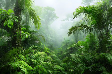 Experience the beauty of a lush jungle landscape filled with dense foliage. Mist envelops the...