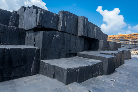 A breathtaking view of dark rock formations against a vibrant blue sky dotted with white clouds. The rugged textures create a striking natural landscape perfect for exploration and photography.の写真素材