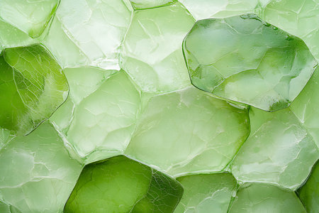 This image showcases a textured green jelly-like surface filled with intricate hexagonal shapes. The translucent sheen creates a captivating visual effect, perfect for backgrounds or artistic designs.の写真素材