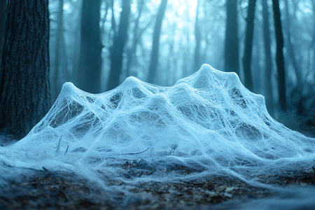 A captivating spider web nestled in an enchanting foggy forest, creating a haunting atmosphere that showcases nature's delicate beauty and tranquility.の写真素材