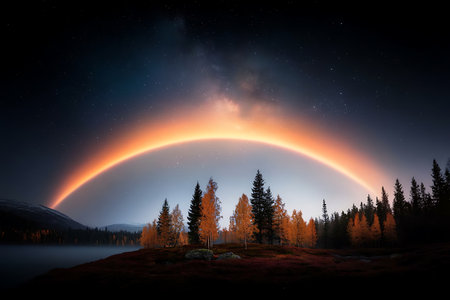 Experience the beauty of an autumn landscape featuring vibrant auroras, evergreen trees, and a starry sky, perfect for nature lovers and photographers.の写真素材