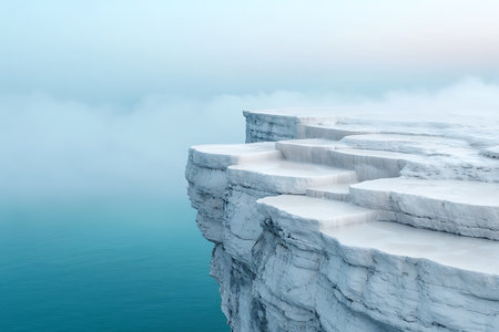 A breathtaking view of ice cliffs rising above serene water, surrounded by mist and pale dawn light, creates a peaceful and stunning natural landscape.の写真素材