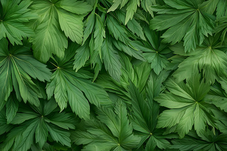 A close-up view of vibrant green leaves creates a refreshing and serene background. Ideal for nature-themed designs and ecological projects, this foliage exudes natural beauty.の写真素材