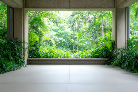 A spacious, modern interior featuring a large window that frames a vibrant tropical landscape, creating a serene and peaceful atmosphere ideal for relaxation and inspiration.の写真素材