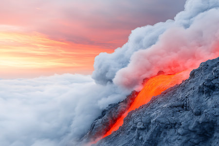 A mesmerizing view of lava erupting from a volcano, surrounded by thick clouds under a vibrant sunset sky, showcasing the raw beauty and power of nature.の写真素材