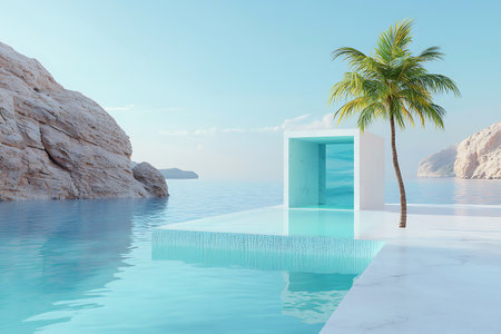 Discover a stunning infinity pool featuring a palm tree against a backdrop of serene coastal cliffs and clear blue sky, perfect for relaxation.の写真素材