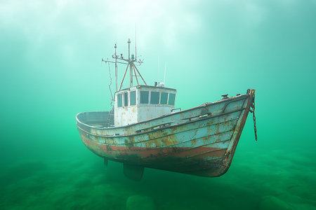 An enchanting view of a rusty fishing boat submerged in serene green waters, evoking feelings of...