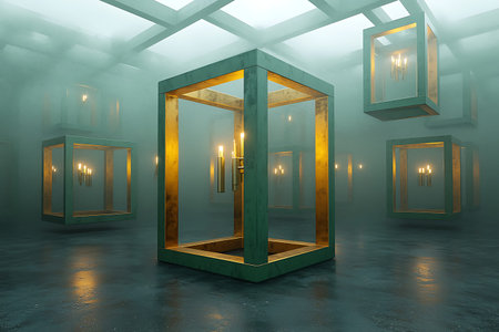 This surreal image captures an artistic installation featuring illuminated frames suspended in a...