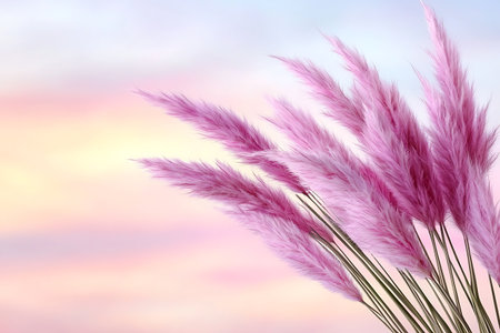 Beautiful arrangement of soft pink pampas grass against a dreamy pastel sky, evoking tranquility and elegance, ideal for nature and decoration themes.の写真素材