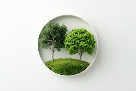 This captivating miniature landscape features two distinct trees and lush grass creatively displayed in a round white plate, highlighting nature's beauty.の写真素材