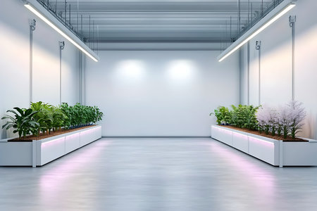 This modern indoor garden showcases vibrant plants in illuminated planters, creating a serene and bright atmosphere perfect for relaxation and wellness.の写真素材