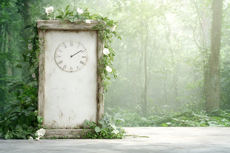 A captivating vintage clock adorned with lush greenery and delicate flowers, set in a tranquil forest. Soft morning light filters through the trees, creating a peaceful ambiance. Perfect for nature-themed projects.の写真素材