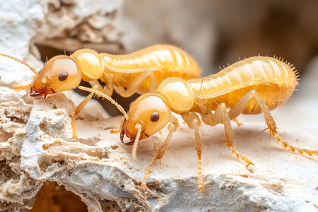 Explore a stunning close-up of two termites on a wooden surface, showcasing their intricate details...