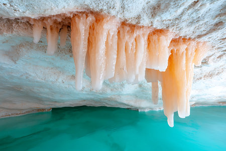 Discover the beauty of ice formations hanging from a salt cave, with their stunning colors reflected in turquoise water below. Ideal for nature lovers!の写真素材