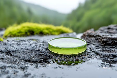 A serene green transparent circle rests on a dark rock surface surrounded by a misty forest, reflecting natureの写真素材