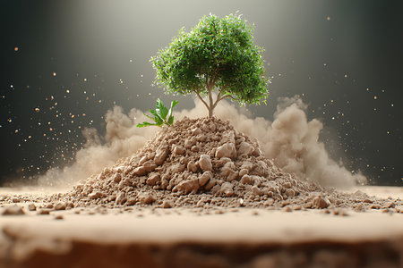 A vibrant green tree rises majestically from a mound of soil, surrounded by dust particles in warm light, symbolizing growth and rejuvenation in nature.の写真素材