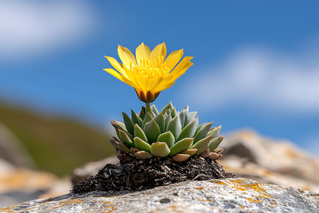 A stunning close-up of a vibrant yellow flower blooming atop a succulent plant, set against a clear blue sky. Perfect for nature enthusiasts.の写真素材