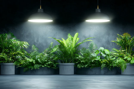 Explore a vibrant arrangement of lush indoor plants illuminated by soft, bright lighting. This serene and stylish setup creates a calming atmosphere ideal for modern interiors.の写真素材