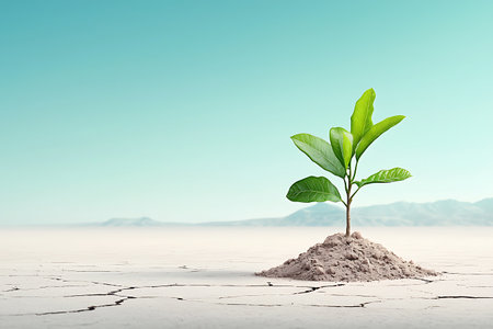 A vibrant green plant stands defiantly on cracked soil, symbolizing resilience and hope for life in harsh conditions, with a serene sky above and mountains in the distance.の写真素材