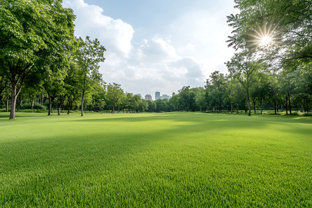 A serene park landscape showcasing lush green grass and vibrant trees under a sunny sky. The city skyline is visible in the background, creating a harmonious blend of nature and urban life.の写真素材