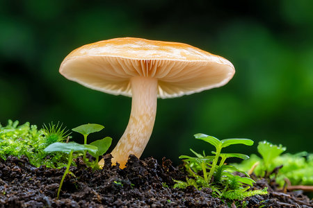 A stunning close-up of a vibrant orange mushroom rising from dark soil, surrounded by lush green...