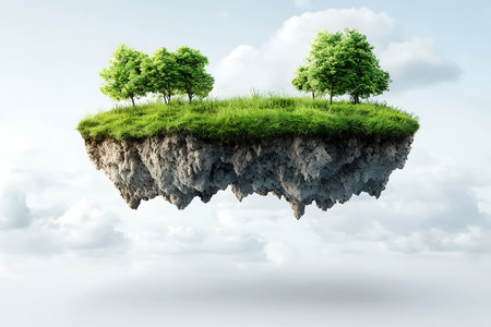 A captivating scene showcasing a floating island featuring vibrant green trees and lush grass against a bright sky, evoking a dreamlike atmosphere.の写真素材