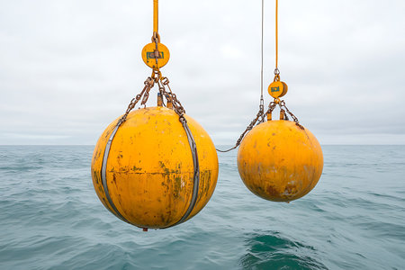 Two large yellow buoys dangled above serene water under a cloudy sky, symbolizing marine industry and safety on the open sea.の写真素材