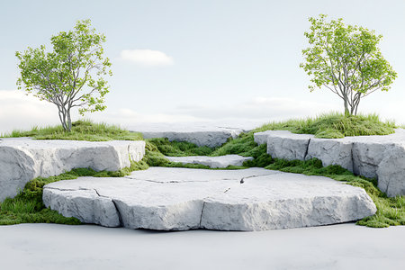 This image features a serene landscape showcasing a rock formation surrounded by vibrant greenery and two trees under a soft blue sky, perfect for nature-themed projects.の写真素材