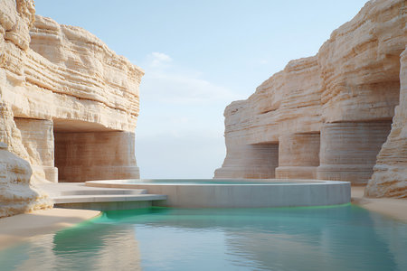 This stunning image showcases a modern pool nestled between towering rock formations, offering a tranquil escape. The clear waters reflect the serene surroundings, ideal for relaxation.の写真素材