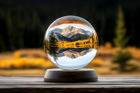 A crystal ball captures a stunning reflection of a mountain landscape adorned with autumn colors, showcasing nature's beauty in a serene setting.の写真素材