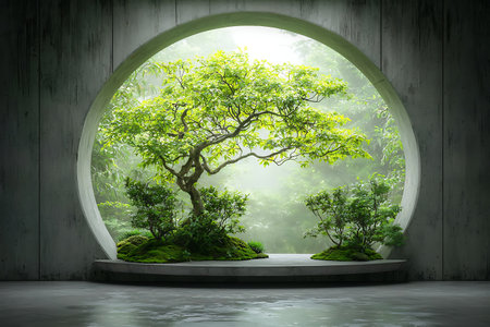 A tranquil indoor garden featuring a lush tree, surrounded by greenery and soft natural light, creating a serene and peaceful atmosphere perfect for relaxation and modern design inspiration.の写真素材