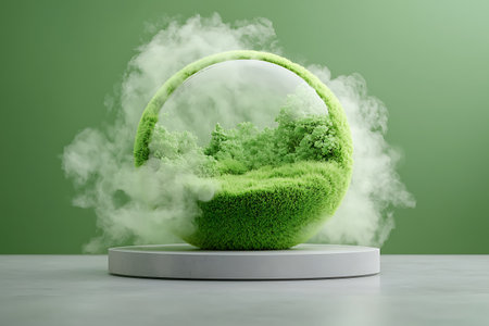 This captivating image features a lush green landscape encapsulated in a glass sphere, surrounded by soft clouds, evoking a sense of tranquility and harmony with nature.の写真素材