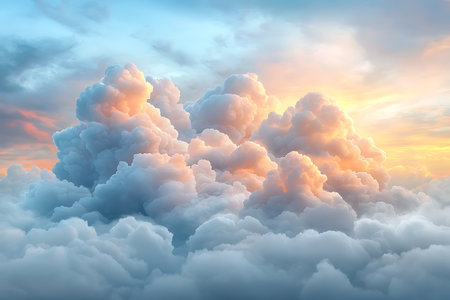 Experience the tranquil beauty of a sunrise illuminating soft clouds, creating a stunning and serene atmosphere in the sky.の写真素材