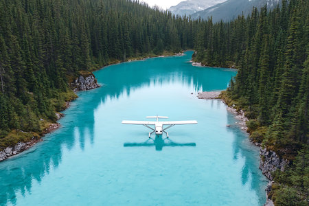 A breathtaking aerial perspective of a tranquil seaplane gliding over a vibrant turquoise lake, framed by lush evergreen forests and distant mountains, showcasing nature's beauty.の写真素材