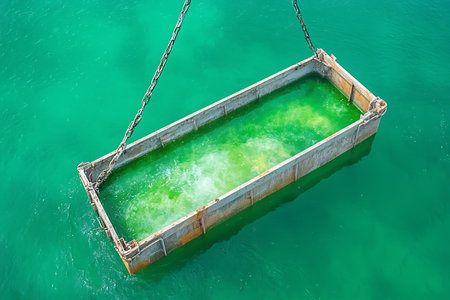 An aerial view of a metal container filled with bright green water, suspended over a turquoise ocean. The scene captures a unique blend of industrial and natural beauty.の写真素材