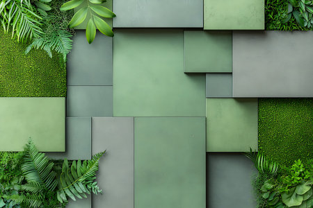 A captivating overhead view of lush green leaves and textured concrete blocks arranged artistically to create a modern, nature-inspired background that enhances any design.の写真素材