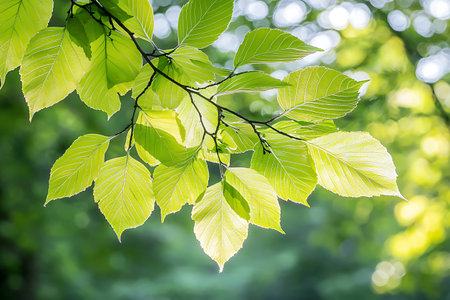 A captivating close-up of bright green leaves illuminated by sunlight, showcasing their vibrant colors and rich texture in a serene forest environment.の写真素材