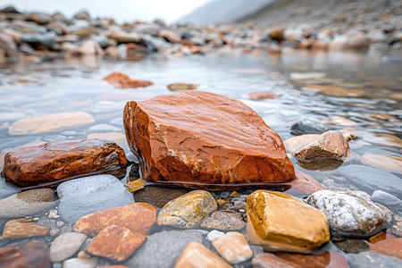 A detailed close-up of colorful stones and rocks partially submerged in clear water along a rocky riverbank, showcasing the beauty of nature and tranquility.の写真素材