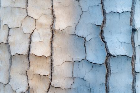 A close-up image showcasing cracked paint on a wood surface, blended in soothing blue and beige tones, perfect for artistic or decorative purposes.の写真素材
