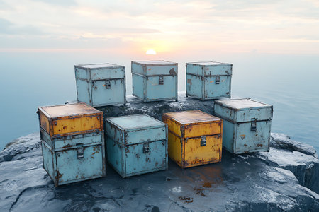 A collection of weathered metal boxes in different colors rests on rocky terrain at sunset, creating a tranquil and artistic atmosphere perfect for exploration and adventure themes.の写真素材