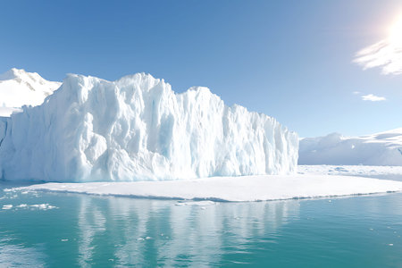A breathtaking iceberg stands tall amidst crystal-clear waters, showcasing the beauty of nature in...