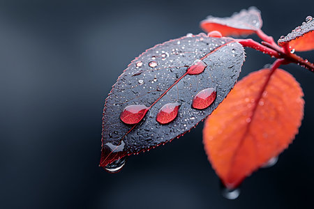 Captivating close-up of vibrant red and black leaves adorned with water drops, showcasing nature's beauty against a dark background. Perfect for various nature-themed projects.の写真素材