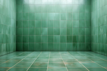 This image features a minimalist room designed with smooth green tiles, evoking a serene atmosphere. Ideal for architectural and interior design projects.の写真素材