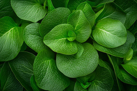 A captivating close-up of vibrant green leaves showcasing intricate textures and natural beauty. Perfect for themes of nature and gardening.の写真素材