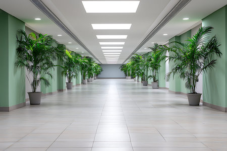 A spacious and well-lit hallway featuring lush green plants in pots. The minimalist design promotes...
