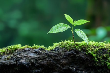 A young green plant emerges from a moss-covered log in a serene forest setting, showcasing the...